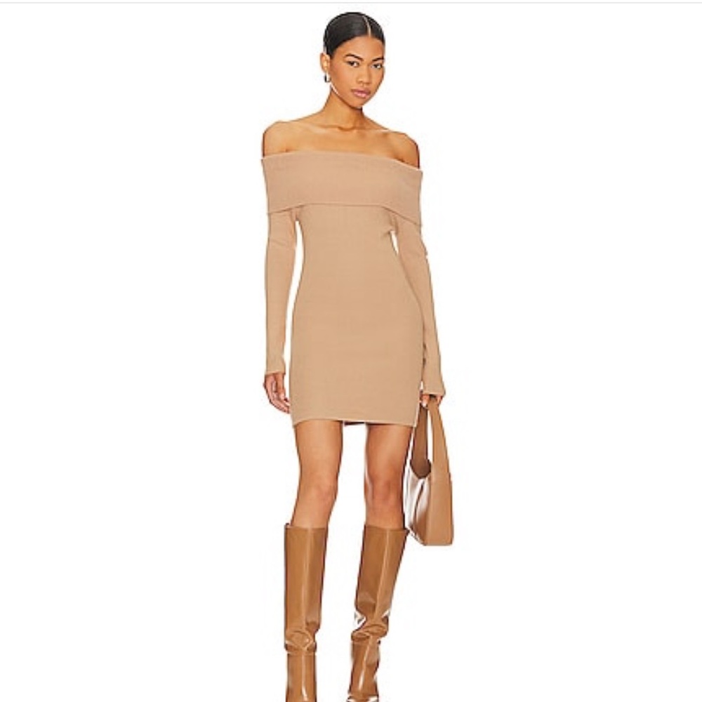 Line & Dot Camel Off-Shoulder Mini Dress